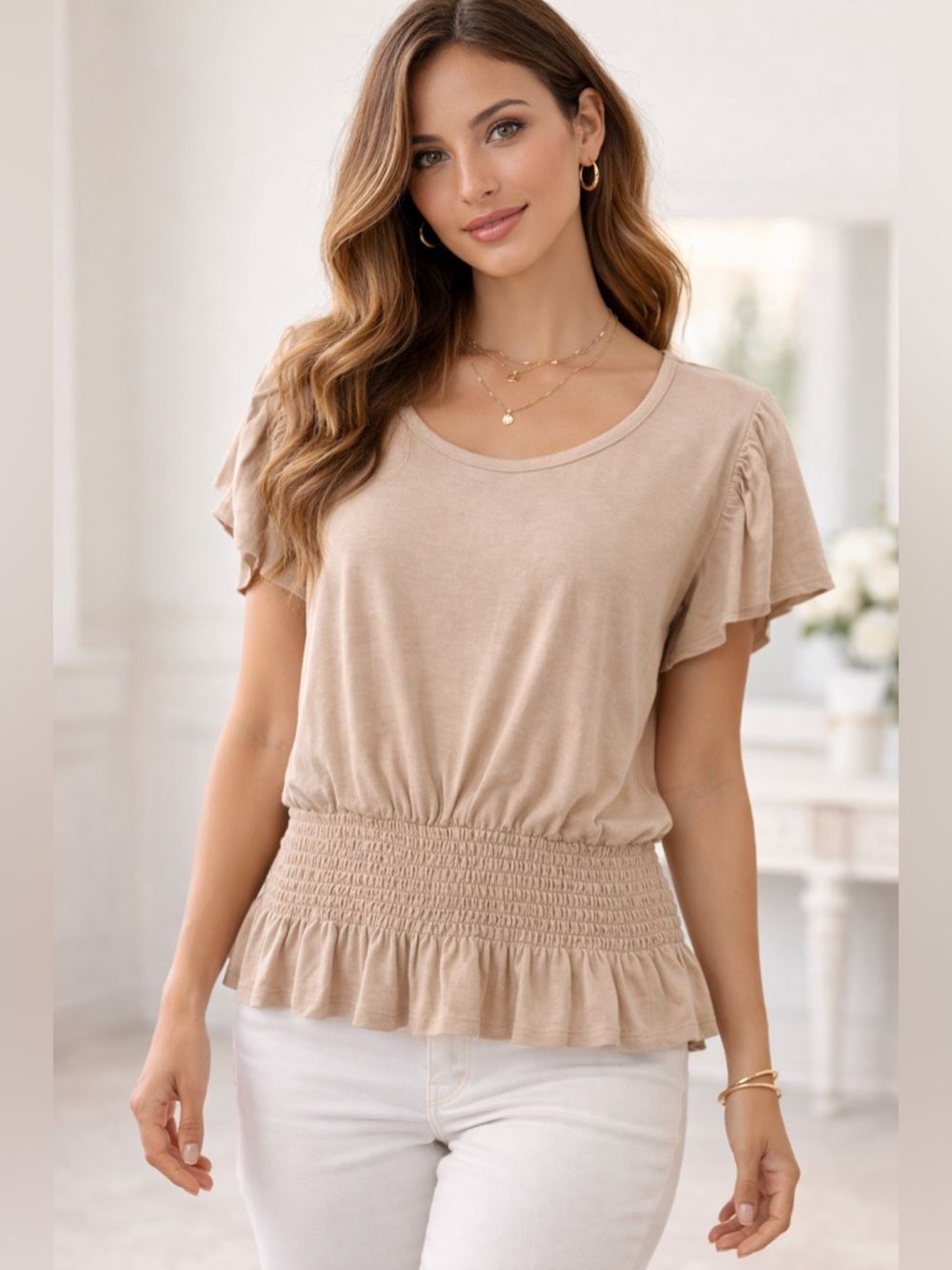 In Loom NWT Beige Smocked Waist Top- M and L available